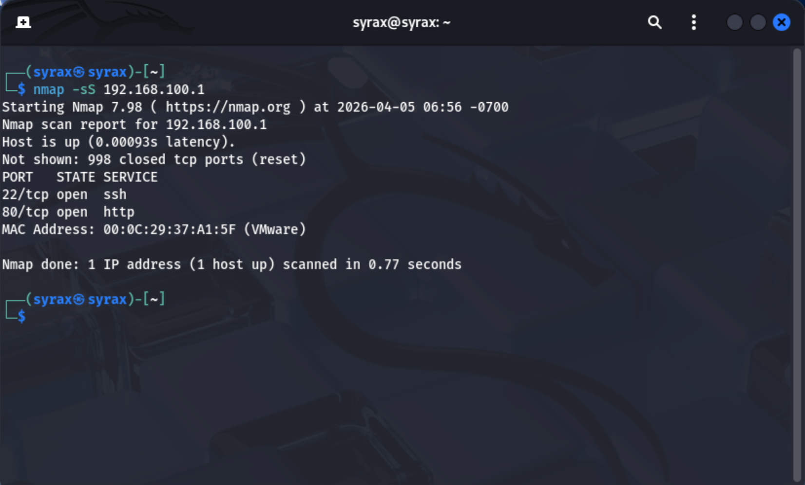 Kali performing nmap -sS scan