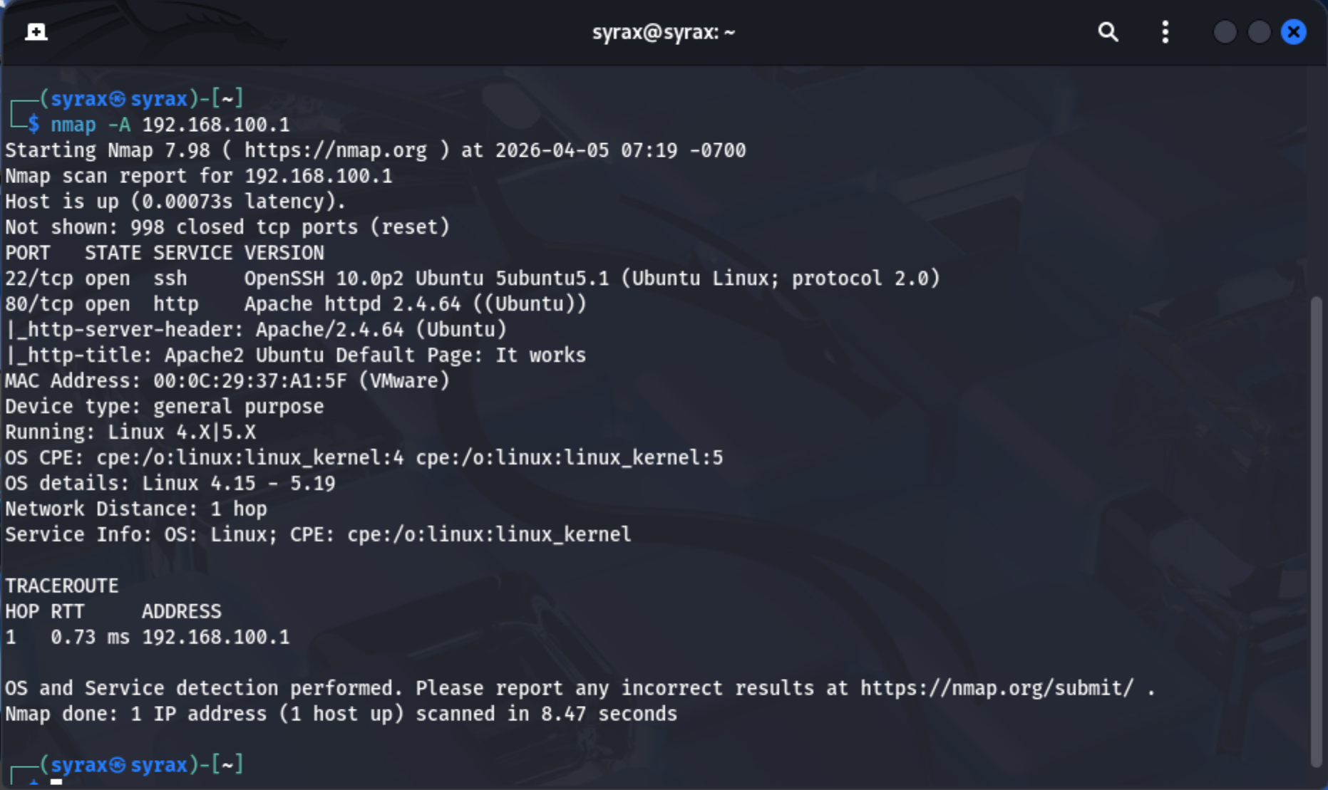 Kali performing nmap -A scan