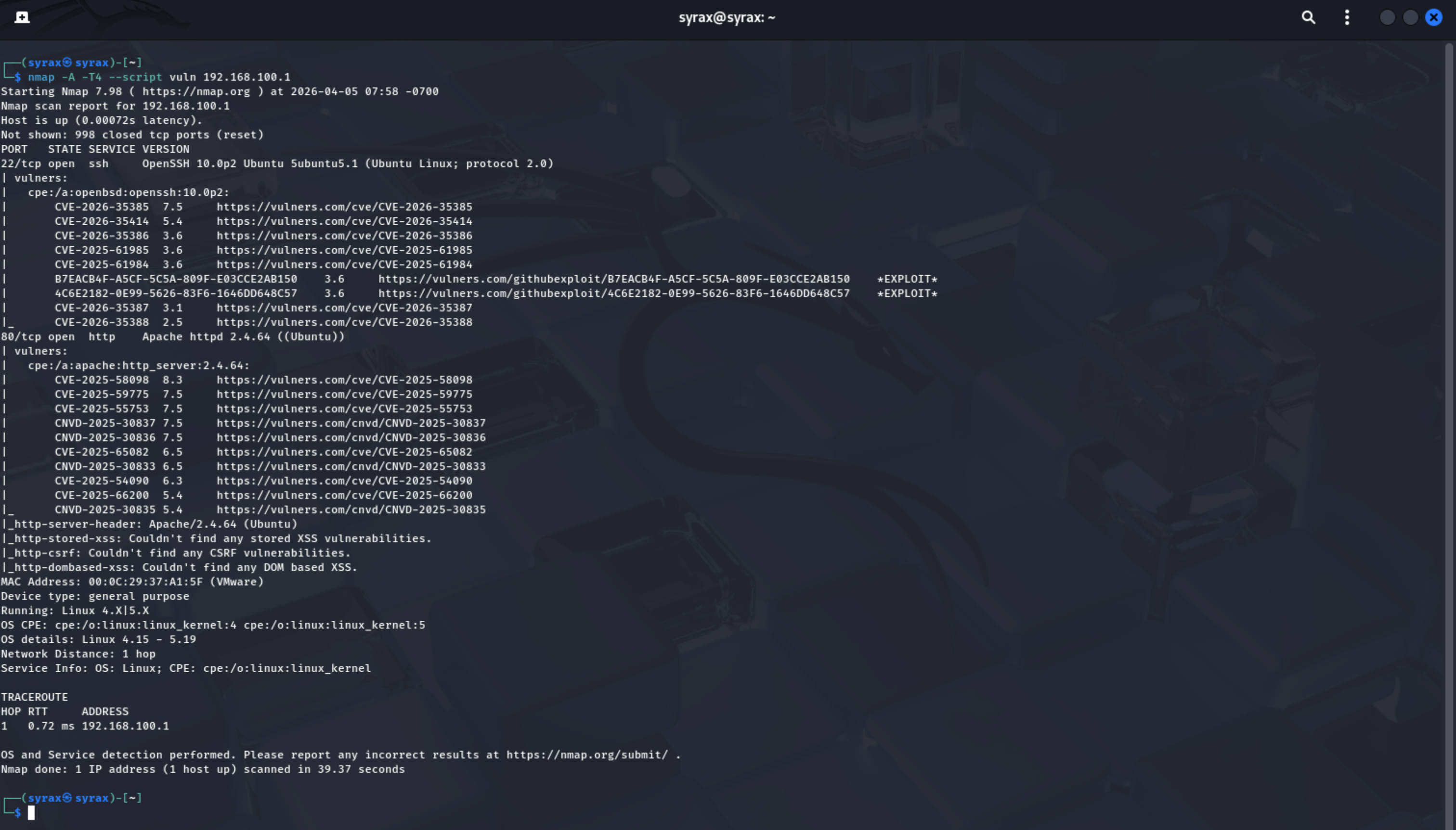 Kali performing nmap -A -T4 --script vuln scan