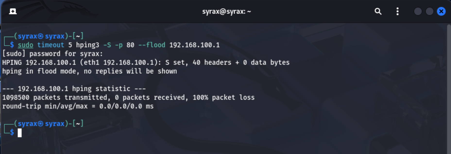 Kali performing hping flood simulation